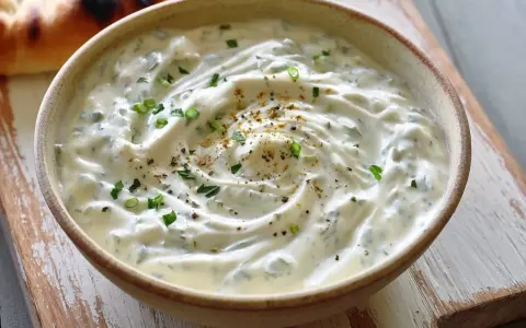 Un bol de sauce blanche crémeuse, garnie d'herbes fraîches et d'épices, prête à accompagner un pain grillé.