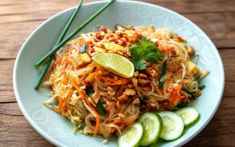 Un plat de pad thai coloré avec des nouilles de riz, des carottes, des cacahuètes concassées, du tofu, un quartier de citron vert et des rondelles de concombre.