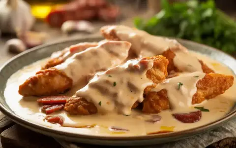 Morceaux de poulet pané nappés d'une onctueuse sauce crémeuse avec des morceaux de chorizo.