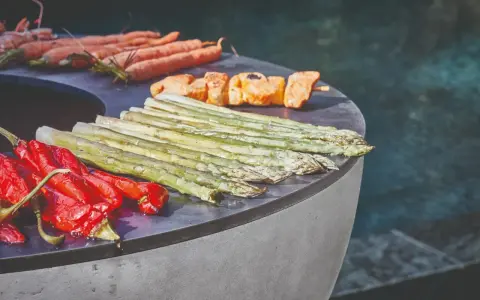 Légumes et brochettes de poulet sur un brasero, prêts pour une recette estivale. Carottes, poivrons rouges, asperges et poulet grillé.