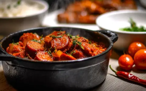 Un plat fumant de rougail saucisse, garni d'herbes fraîches, avec des tomates et un piment rouge à côté.