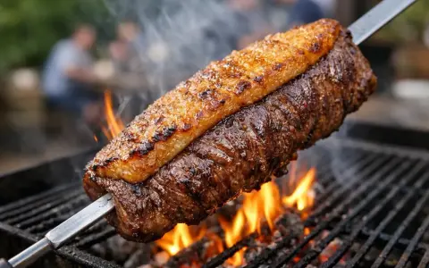 Un morceau de viande juteux sur une broche, cuisant au-dessus des flammes vives. Un vrai barbecue brésilien, prêt à être dégusté.