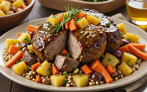 Un plat de veau de 7h, tendre et juteux, nappé d'une sauce brillante, entouré de pommes de terre, carottes, olives et haricots.