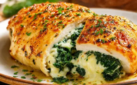 Un délicieux poulet farci aux épinards et au fromage fondant, garni de persil frais.