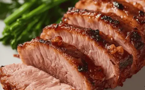 Tranches de magret de canard grillé, juteuses et caramélisées, servies avec des légumes verts.