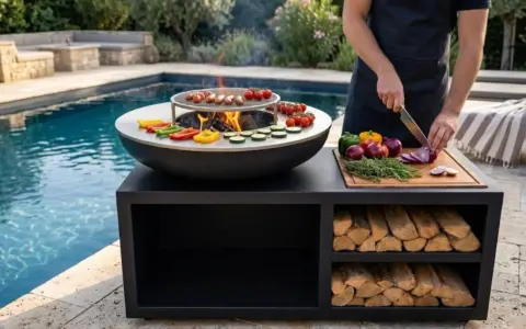 Un homme prépare des légumes pour le barbecue, près d'une piscine. Le culottage de la plancha inox est prêt pour la cuisson.