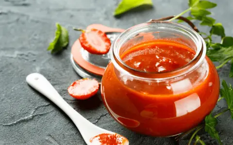 Un pot de ketchup maison, garni de fraises et d'une cuillère blanche, sur fond sombre.