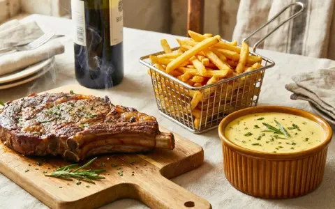 Un steak-côte de bœuf fumant, des frites croustillantes et une sauce béarnaise avec quoi ? Un délice !