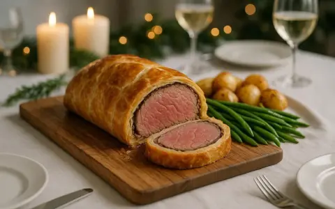 Un festin de viande en croûte, tendre et juteuse, servie avec des pommes de terre rôties et des haricots verts. Une ambiance chaleureuse avec des bougies et des guirlandes lumineuses.