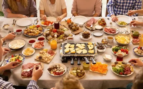 Une table conviviale pour une idée plateau raclette : fromages, charcuteries, légumes et pommes de terre attendent d'être fondus.