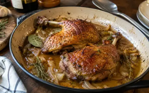 Deux cuisses de canard au four, dorées et juteuses, mijotent dans leur jus avec des oignons et des herbes.