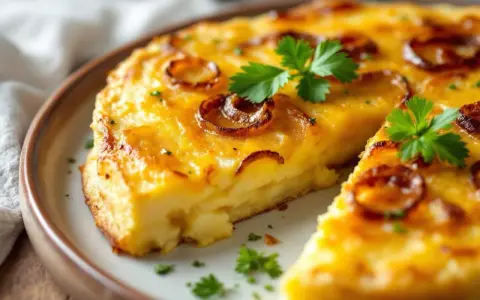 Une tranche de tortilla espagnole dorée, garnie d'oignons caramélisés et de persil frais, sur une assiette.