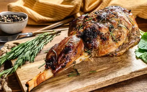 Gigot d'agneau rôti, prêt à être dégusté. Une recette parfaite pour un repas savoureux, avec des herbes et des épices.