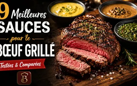 Un steak grillé juteux, coupé en tranches, accompagné de trois sauces : béarnaise, poivre et chimichurri. Découvrez la meilleur sauce pour steak !