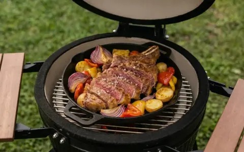Côte de bœuf juteuse et légumes rôtis sur une plancha, un délice à savourer en plein air.