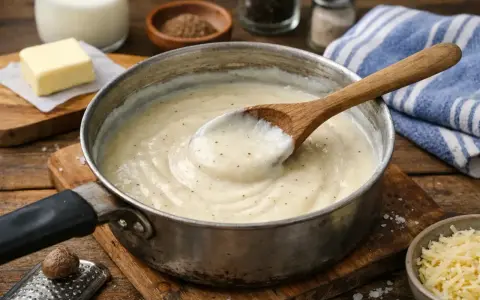 Une cuillère en bois remue une béchamel crémeuse dans une casserole. Ingrédients pour la recette bechamel : lait, beurre, noix de muscade râpée.