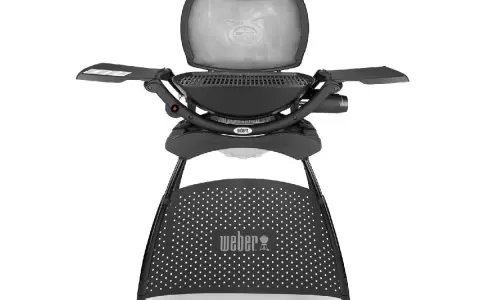 Barbecue Weber Q2000 noir, avec tablettes latérales. Une comparaison subtile pour le difference entre weber q200 et q2000.
