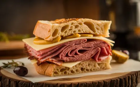 Un généreux sandwich au pastrami, fromage et moutarde, prêt à être dégusté. Une recette simple et savoureuse.
