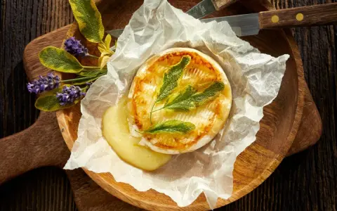 Camembert au barbecue, fondant et doré, servi sur papier sulfurisé avec des herbes aromatiques et des fleurs de lavande. Un délice à partager.