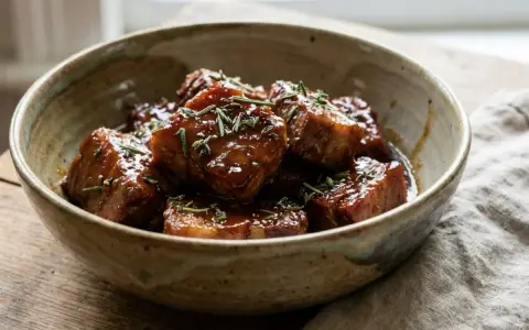 Un bol rustique rempli de morceaux de porc au caramel brillants, garnis de romarin frais. Un délice gourmand.