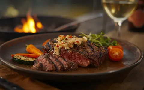 Un savoureux bavette à l'échalote, grillé à la perfection, servi avec des légumes rôtis et une sauce crémeuse. Un délice pour les yeux et les papilles.