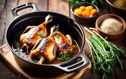 Deux cuisses de canard dorées mijotent dans un jus savoureux, accompagnées de tomates cerises et de romarin frais. Un plat appétissant.