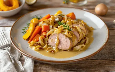 Délicieuse recette gastronomique de filet mignon de porc, servi avec des carottes et des oignons caramélisés, nappé d'une sauce onctueuse.