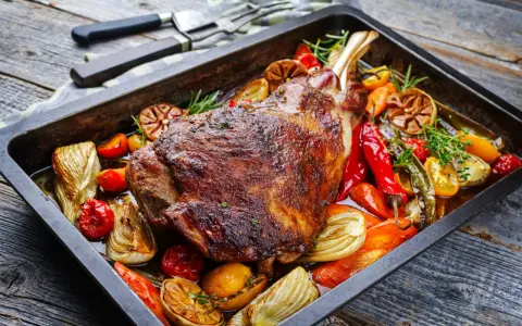 Une succulente épaule d'agneau rôtie dans un plat avec des légumes colorés, des poivrons, des tomates et des herbes aromatiques.
