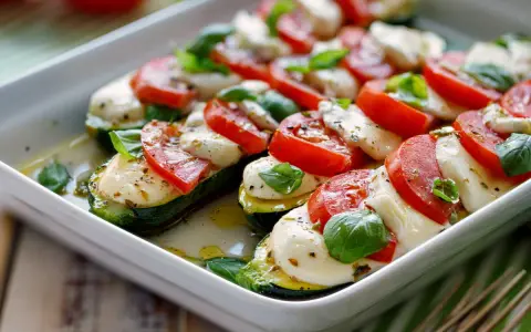 Courgettes farcies au fromage fondant, tomates fraîches et basilic, un délice méditerranéen.