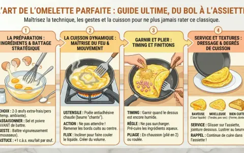 Guide illustré pour réussir une omelette à la plancha parfaite, de la préparation à la cuisson et au dressage.