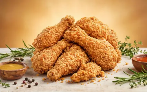 Pile de délicieux nuggets maison croustillants, accompagnés de sauces et de romarin frais.