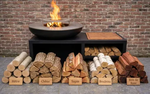 Bûches de bois pour brasero sans fumée : hêtre, chêne, sapin, bouleau et bois de rose, prêtes à l'emploi.