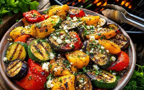 Assiette colorée de légumes barbecue : courgettes, aubergines, poivrons, maïs grillés, parsemés de feta et d'herbes.