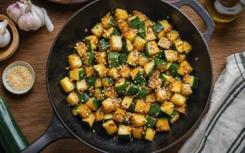 Courgettes sautées, parsemées de sésame, dans une poêle. Une idée pour les meilleures recettes de courgettes.