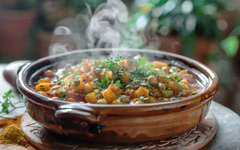 Un délicieux tajine marocain fumant, rempli de légumes colorés et d'épices, prêt à être dégusté.