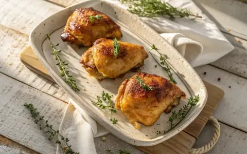 Trois morceaux de poulet au four dorés et juteux, garnis de thym frais sur un plat en céramique.