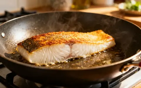 Un filet de morue grillée dore dans une poêle, sa peau croustillante et sa chair nacrée. La vapeur s'échappe, promettant un délice savoureux.