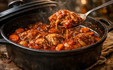 Un osso bucco de dinde mijoté dans une sauce tomate riche, avec des carottes et des oignons. La viande effilochée tombe d'une cuillère, fumante et appétissante.