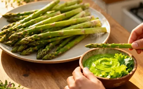 Une main trempe une asperge dans une sauce verte onctueuse, parfaite pour une recette sauce asperges. Des asperges cuites à la vapeur sont sur une assiette à côté.