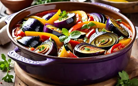 Un plat de ratatouille provençale aux aubergines, poivrons et tomates, garni de persil frais. Un délice coloré prêt à être dégusté.