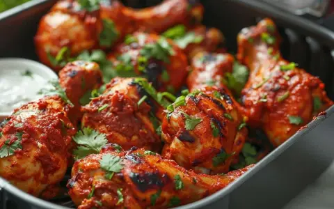Un plat de poulet tandoori, bien épicé et garni de coriandre fraîche, prêt à être dégusté.