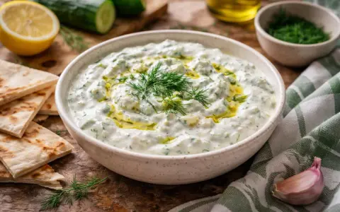 Sauce tzatziki crémeuse, garnie d'aneth frais et d'un filet d'huile d'olive, servie avec du pain pita et des ingrédients frais.