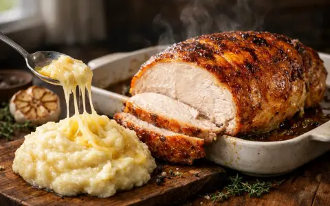 Un savoureux roti de dinde au four, fumant et doré, servi avec une purée de pommes de terre onctueuse et un ail rôti.
