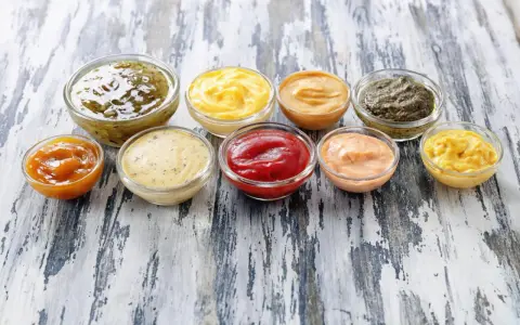 Neuf coupelles de sauces variées, dont le ketchup, la moutarde et des sauces vertes et orangées. Ces sauces sont parmi les 10 sauces les plus utilisées.