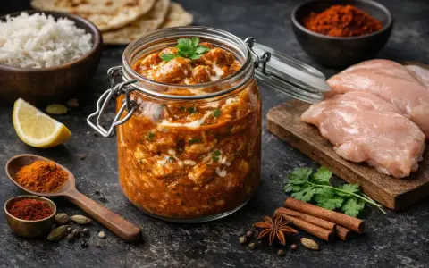 Un pot de butter chicken crémeux, garni de coriandre fraîche. À côté, du riz basmati, des naans, du poulet cru, des épices et un quartier de citron.
