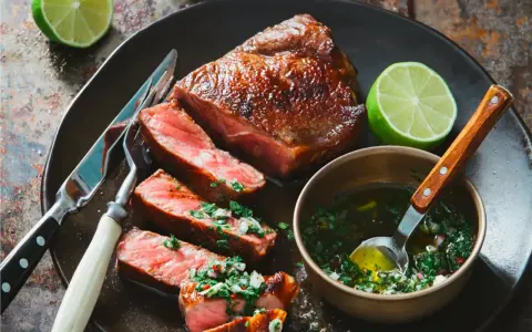 Un steak de bœuf juteux, tranché et garni d'une sauce pour viande de bœuf fraîche et vibrante, accompagné de quartiers de citron vert.