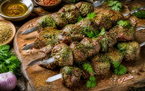 Brochettes de viande grillée, parsemées d'herbes vertes. Parfaites avec quelles sauces pour accompagner des brochettes ? Huile d'olive, épices et ail à proximité.