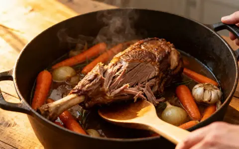 Un tendre agneau de 7 heures mijote dans une cocotte avec carottes, oignons et ail. La viande se détache facilement de l'os, signe d'une cuisson parfaite.