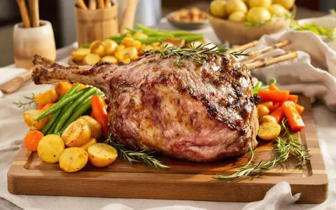 Gigantesque cuisse d'agneau rôtie, servie avec des pommes de terre, des carottes et des haricots verts sur une planche en bois. Un plat de fête savoureux.
