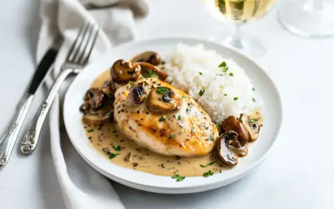 Un délicieux poulet aux morilles à la crème, servi avec du riz blanc et garni de persil frais. Un plat savoureux et réconfortant.